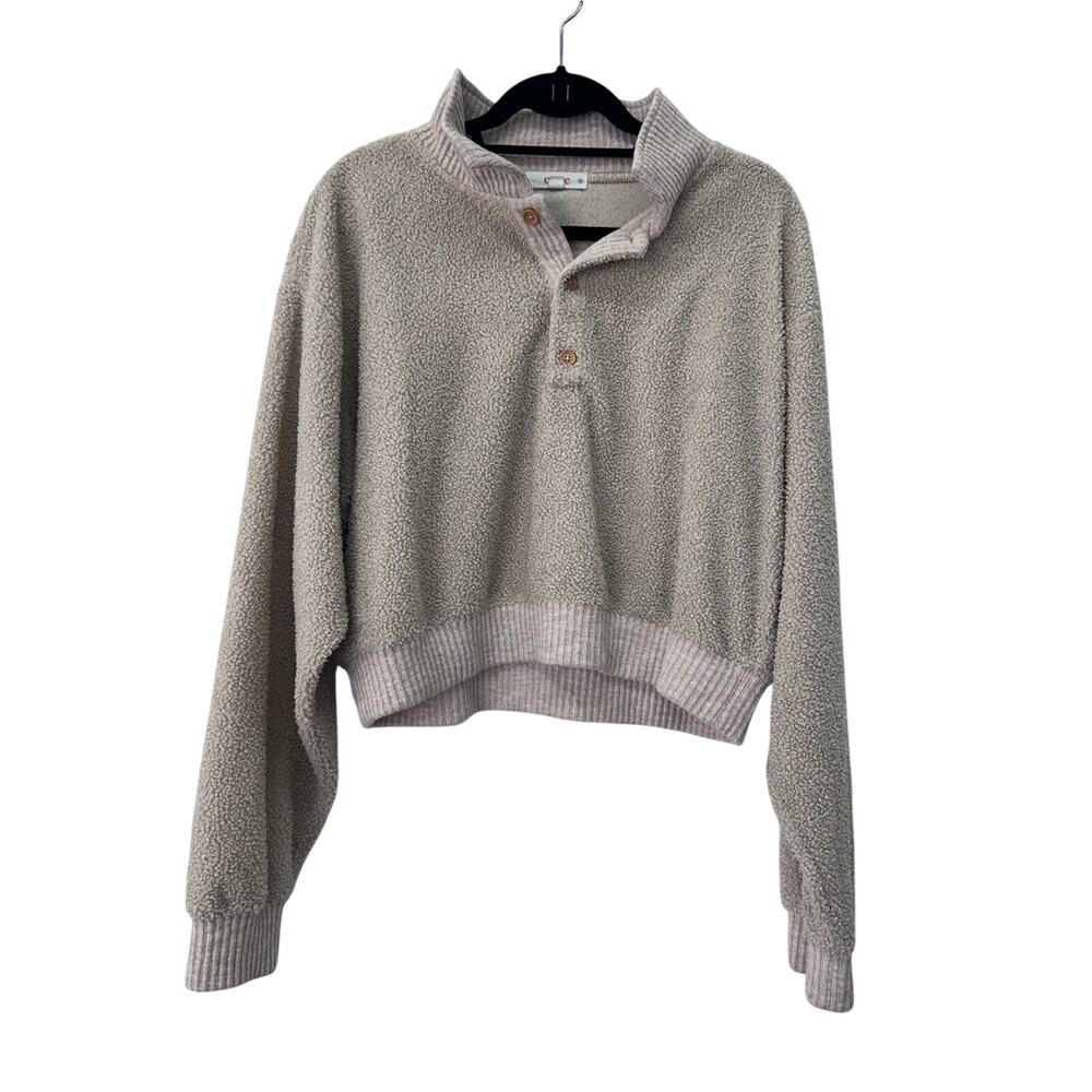 Eggie x Jessy Luxe Cozy Beige Sherpa Cropped Pullover Sweater Size XL